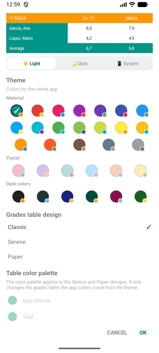 Réglages des modes clair, sombre et système, des couleurs et du tableau de notes dans Teacher Gradebook.