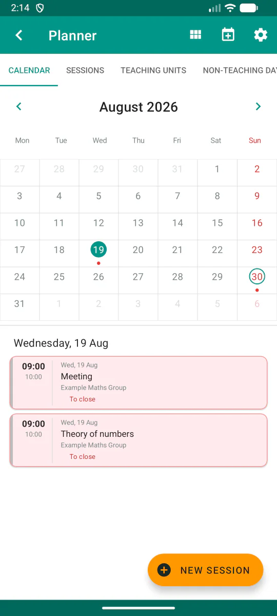 Calendario del planner delle lezioni in Teacher Gradebook.