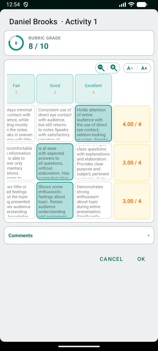 Rubrica completata con livelli di prestazione e descrittori in Teacher Gradebook.