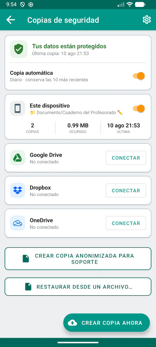 Copias de seguridad locales y conexiones opcionales con servicios en la nube.
