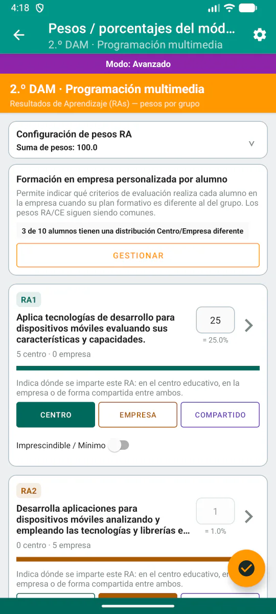 Configuración del peso de la formación en empresa para los resultados de aprendizaje.