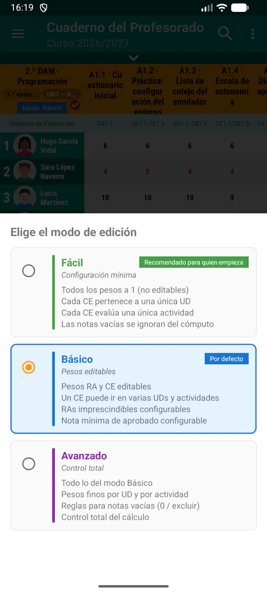 Selector de los modos Fácil, Básico y Avanzado para configurar la evaluación de FP.