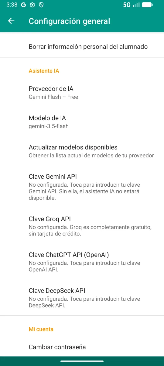 Configuración del proveedor de IA con opciones para Gemini, Groq, ChatGPT mediante OpenAI y DeepSeek.